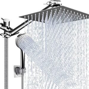 Shower Head Set, 10-inch High Pressure Rain Shower Head with 11-inch Adjustable Extension Arm and 5 Settings Handheld Shower, Power Shower Head